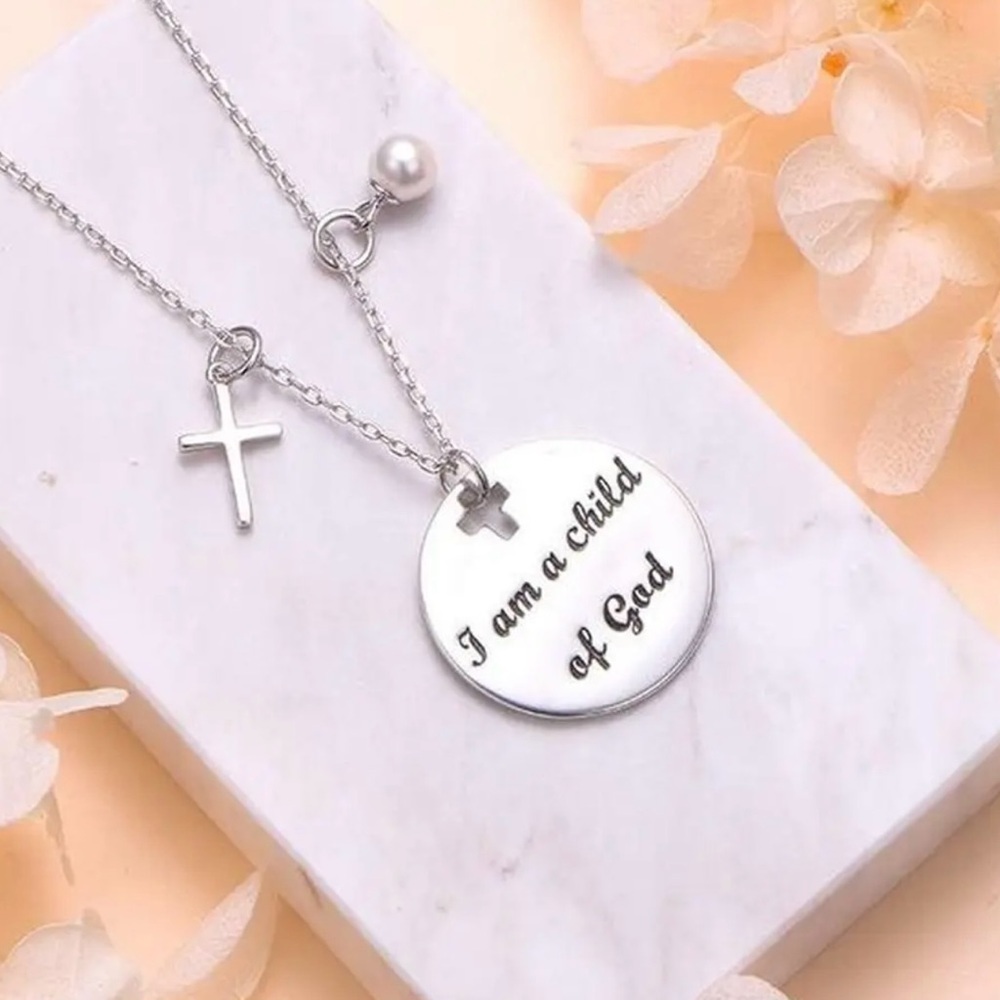 Child of God Charm Necklace with Cross and Pearl for Women - Picture 3 of 3